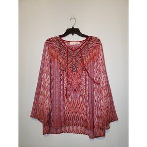 Belle Kim Chavel Womens L Peasant Blouse Long Sleeve Red V Neck Tie Boho Sparkle